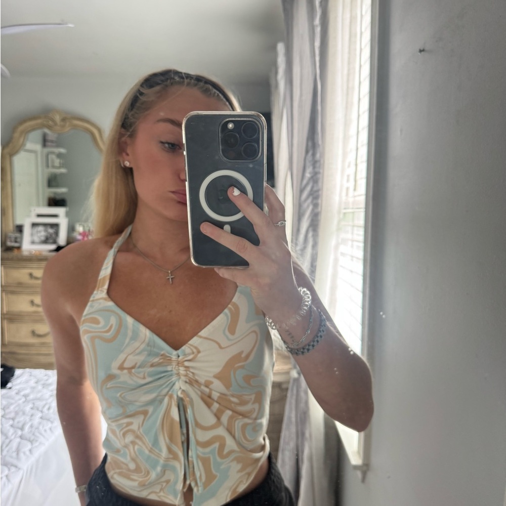 blue and White Fitted Tie Front Tank Top